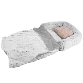 1Pc Large Foldable Human Size Dog Bed With Pillow Blanket Flurry Plush Napping Human-Sized Dog Bed Machine Washable Zipped Removable Cover For Pe (Color: Grey)